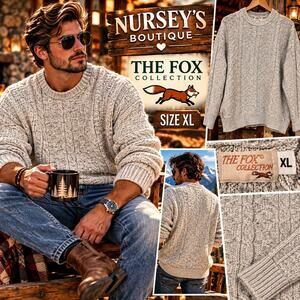 Vintage The Fox Collection XL Cable Knit Fisherman Grandpa Sweater Oatmeal